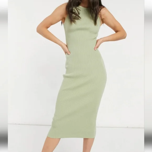 Pretty Lavish Womens Olive Billie Ribbed Racer Midi Dress Medium